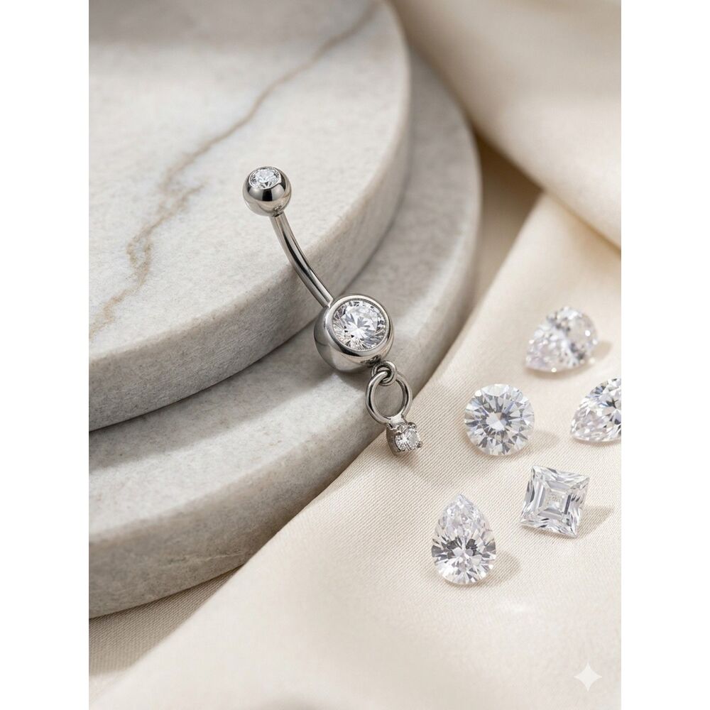 Classic Stainless Steel Single Bezel-Set CZ Dangle Belly Button Ring